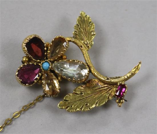 An early 20th century yellow metal and gem set flower brooch, 37mm.